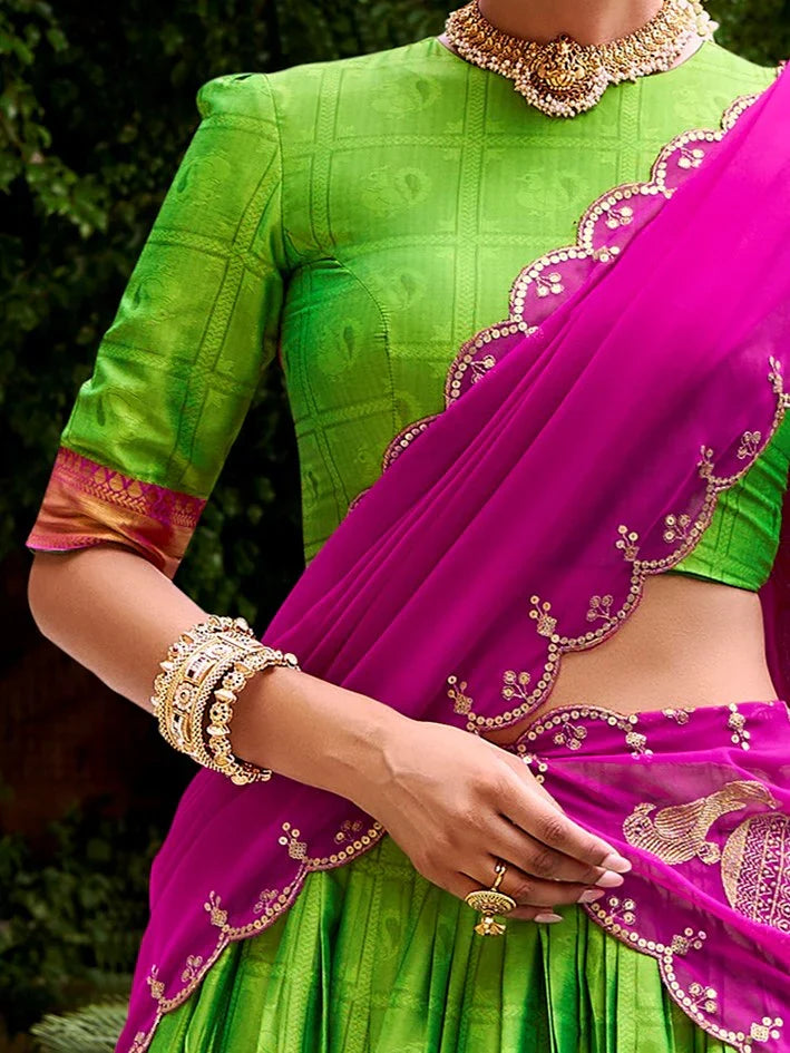 Beautiful Parrot Green Zari Weaving Cotton Traditional Wear Lehenga Choli With Dupatta