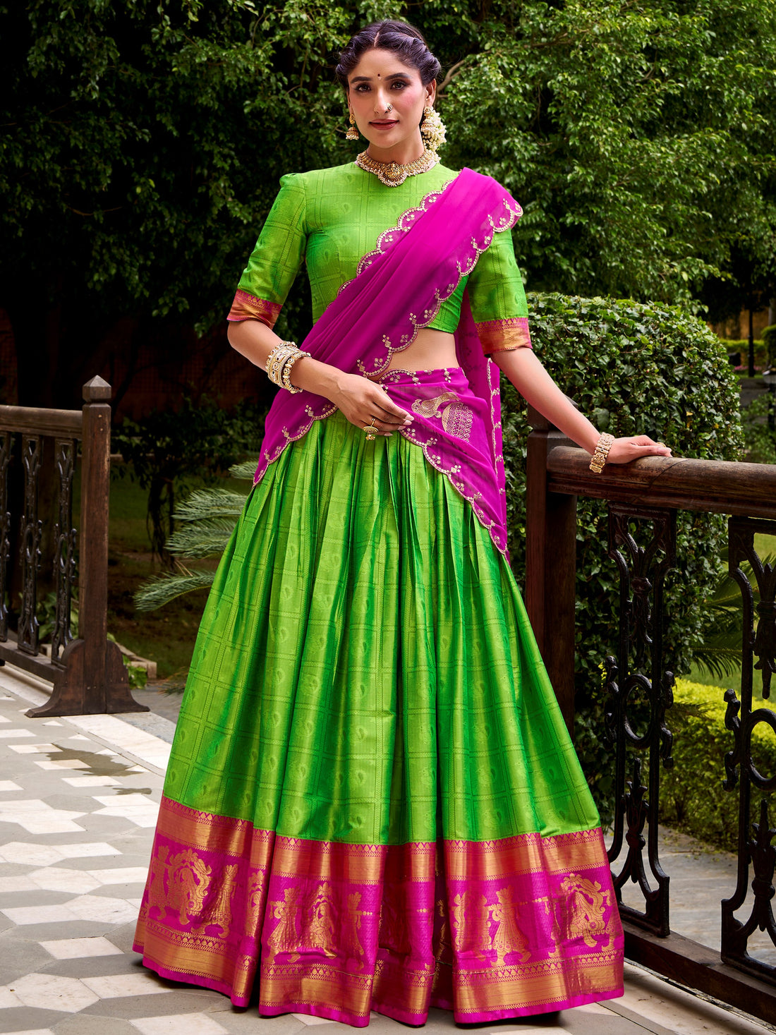 Beautiful Parrot Green Zari Weaving Cotton Traditional Wear Lehenga Choli With Dupatta