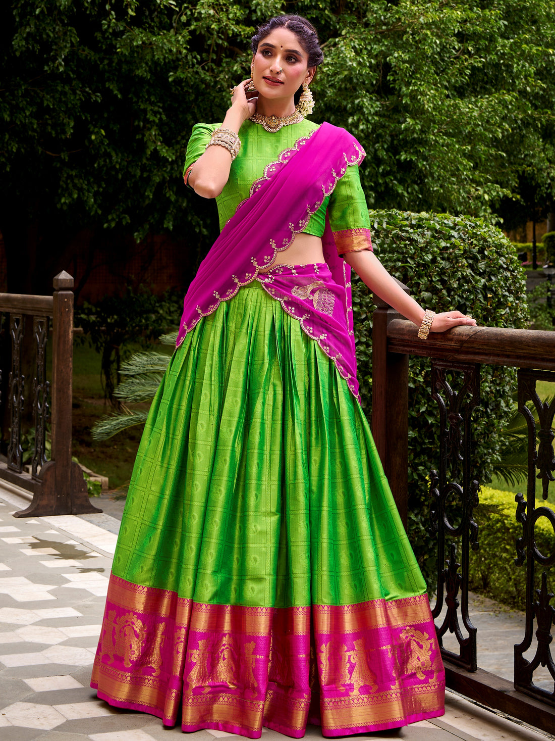 Beautiful Parrot Green Zari Weaving Cotton Traditional Wear Lehenga Choli With Dupatta