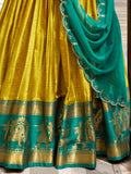 Magnificent Mustard Yellow Zari Weaving Cotton Function Wear Lehenga Choli With Dupatta