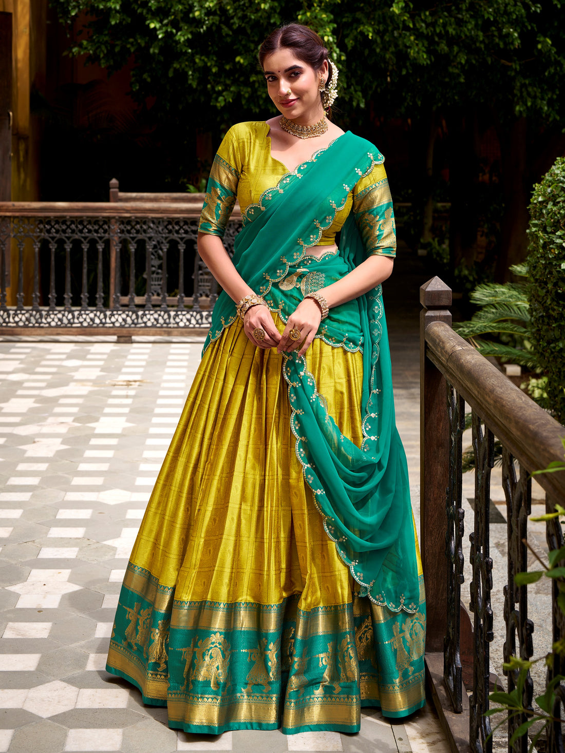 Magnificent Mustard Yellow Zari Weaving Cotton Function Wear Lehenga Choli With Dupatta