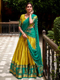 Magnificent Mustard Yellow Zari Weaving Cotton Function Wear Lehenga Choli With Dupatta