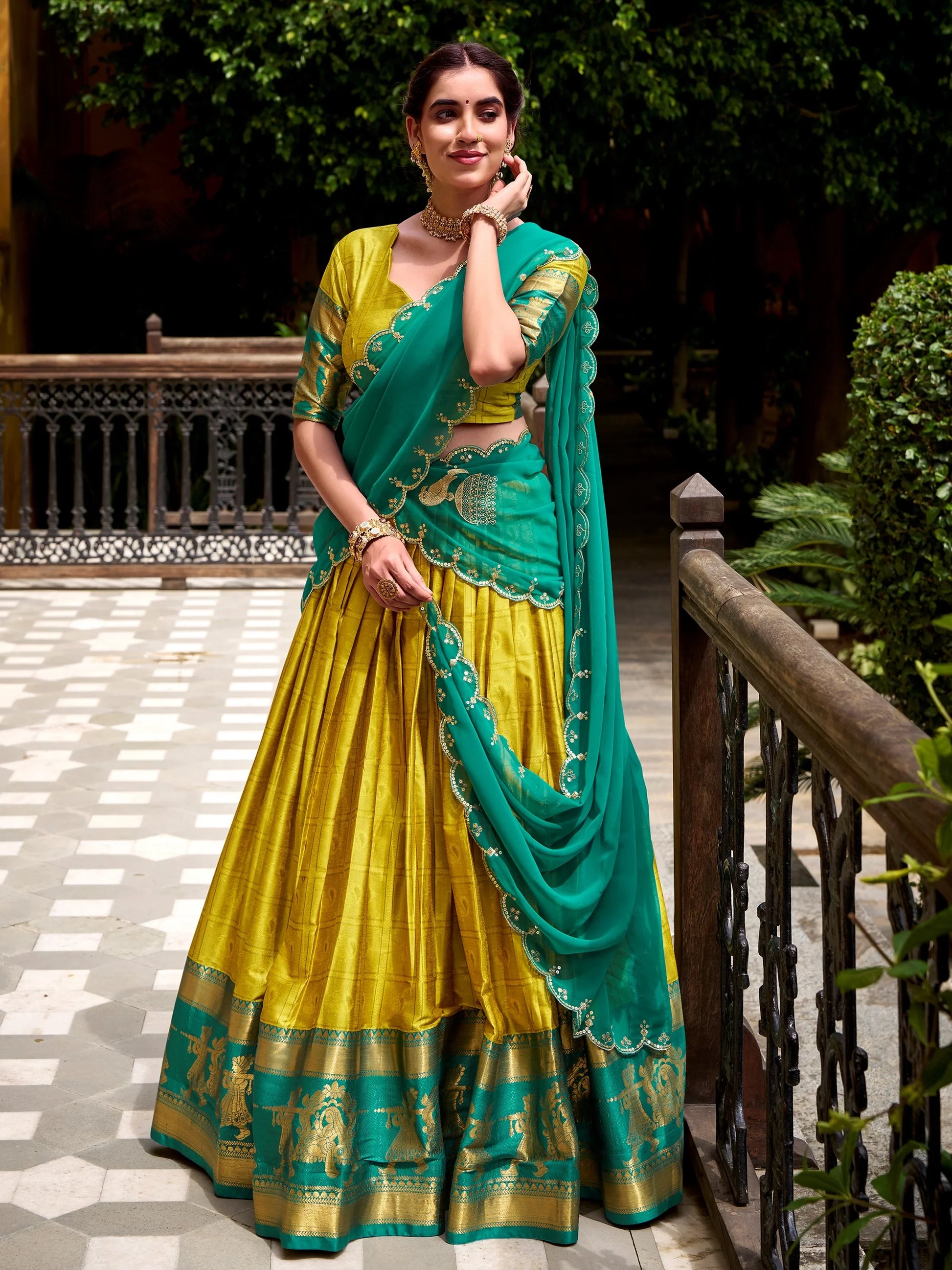 Magnificent Mustard Yellow Zari Weaving Cotton Function Wear Lehenga Choli With Dupatta