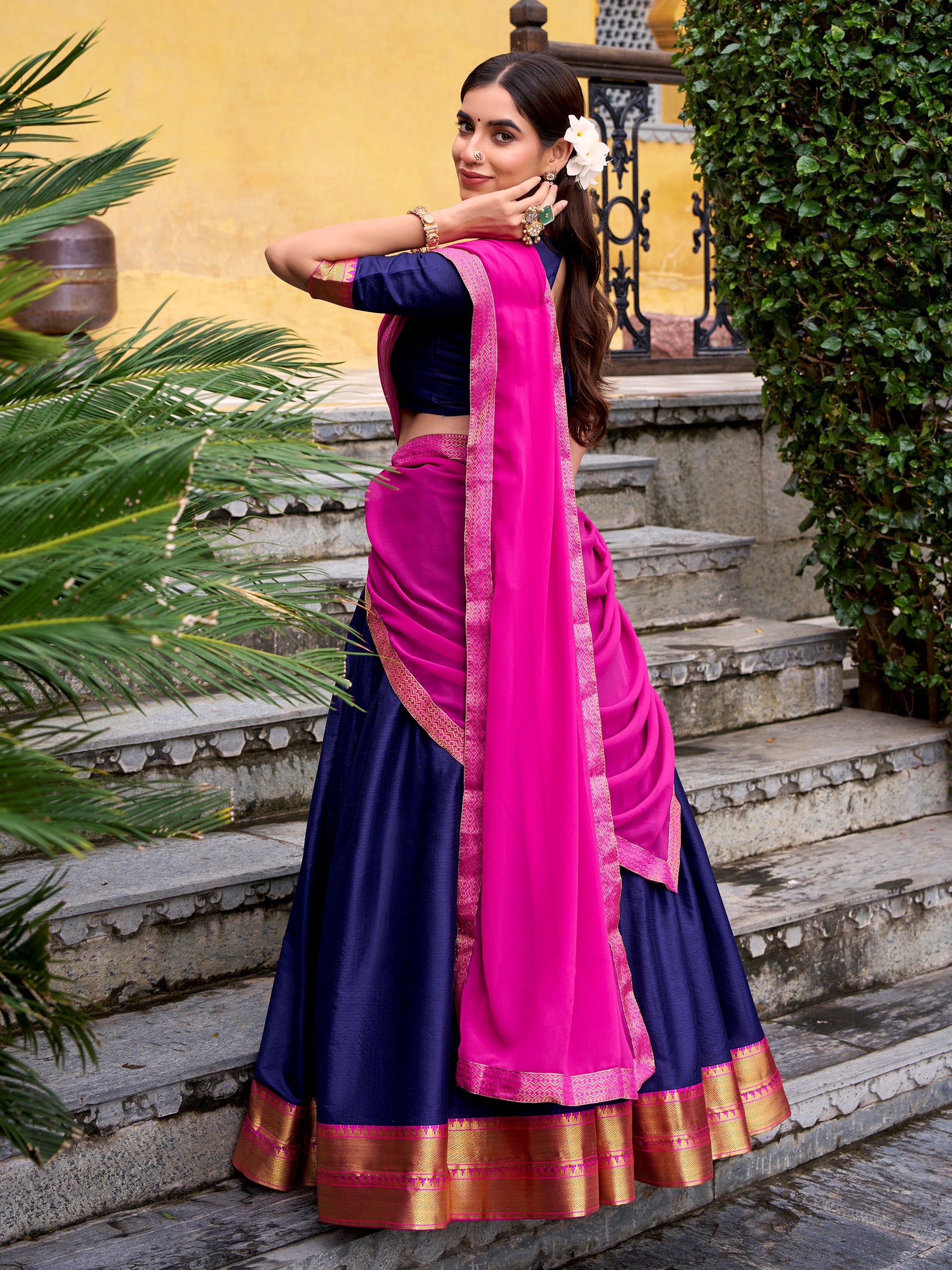 Rich Navy Blue Zari Weaving Cotton Event Wear Half Saree Lehenga