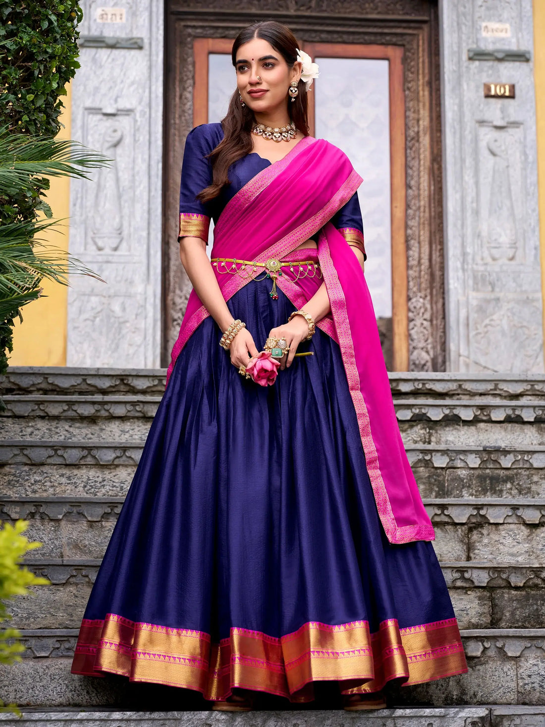 Rich Navy Blue Zari Weaving Cotton Event Wear Half Saree Lehenga