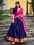 Rich Navy Blue Zari Weaving Cotton Event Wear Half Saree Lehenga