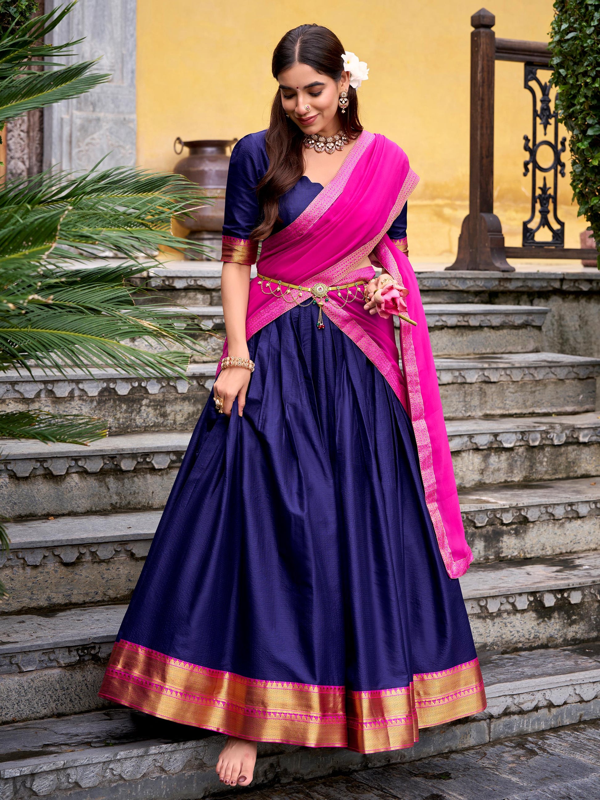 Rich Navy Blue Zari Weaving Cotton Event Wear Half Saree Lehenga