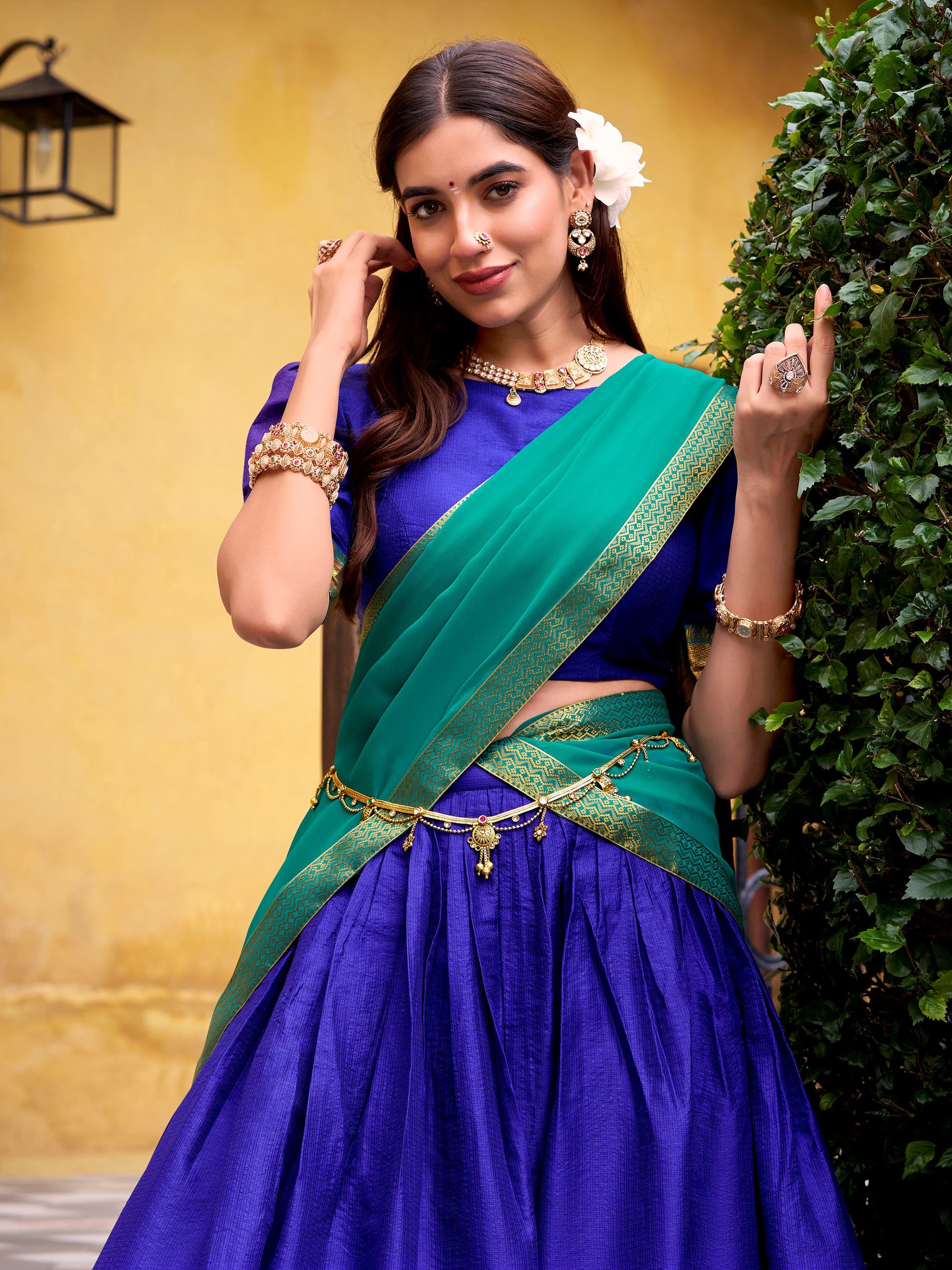 Alluring Royal Blue Zari Weaving Cotton Evening Wear Half Saree Lehenga