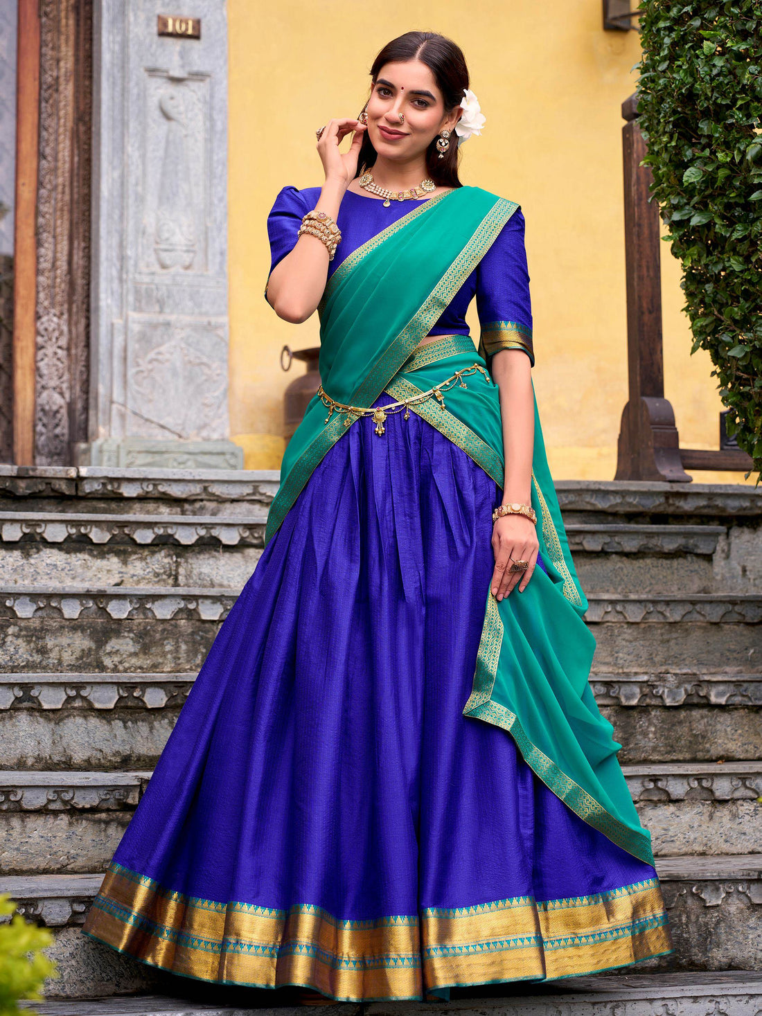Alluring Royal Blue Zari Weaving Cotton Evening Wear Half Saree Lehenga