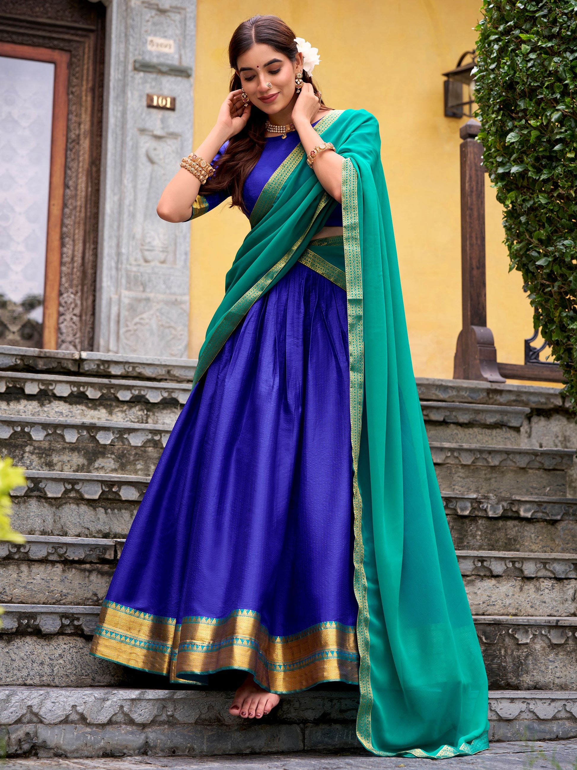 Alluring Royal Blue Zari Weaving Cotton Evening Wear Half Saree Lehenga