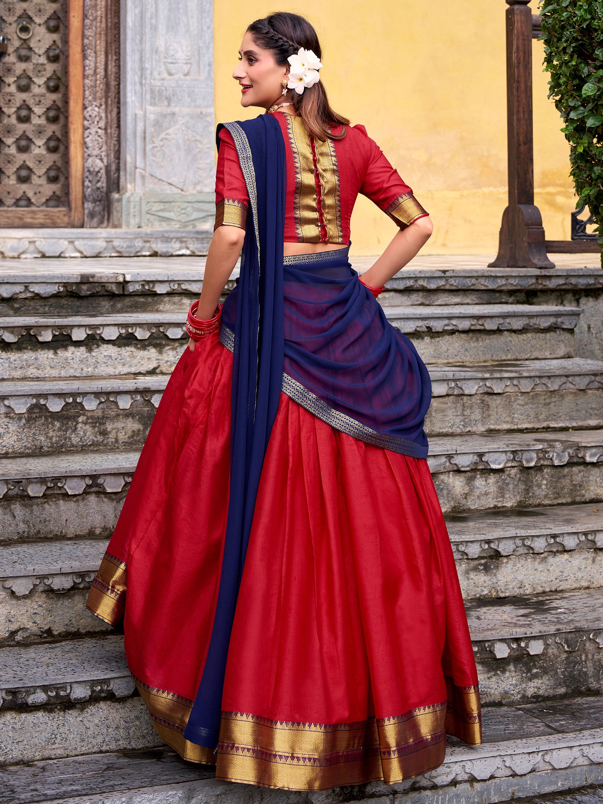 Stunning Red Zari Weaving Cotton Festive Wear Half Saree Lehenga