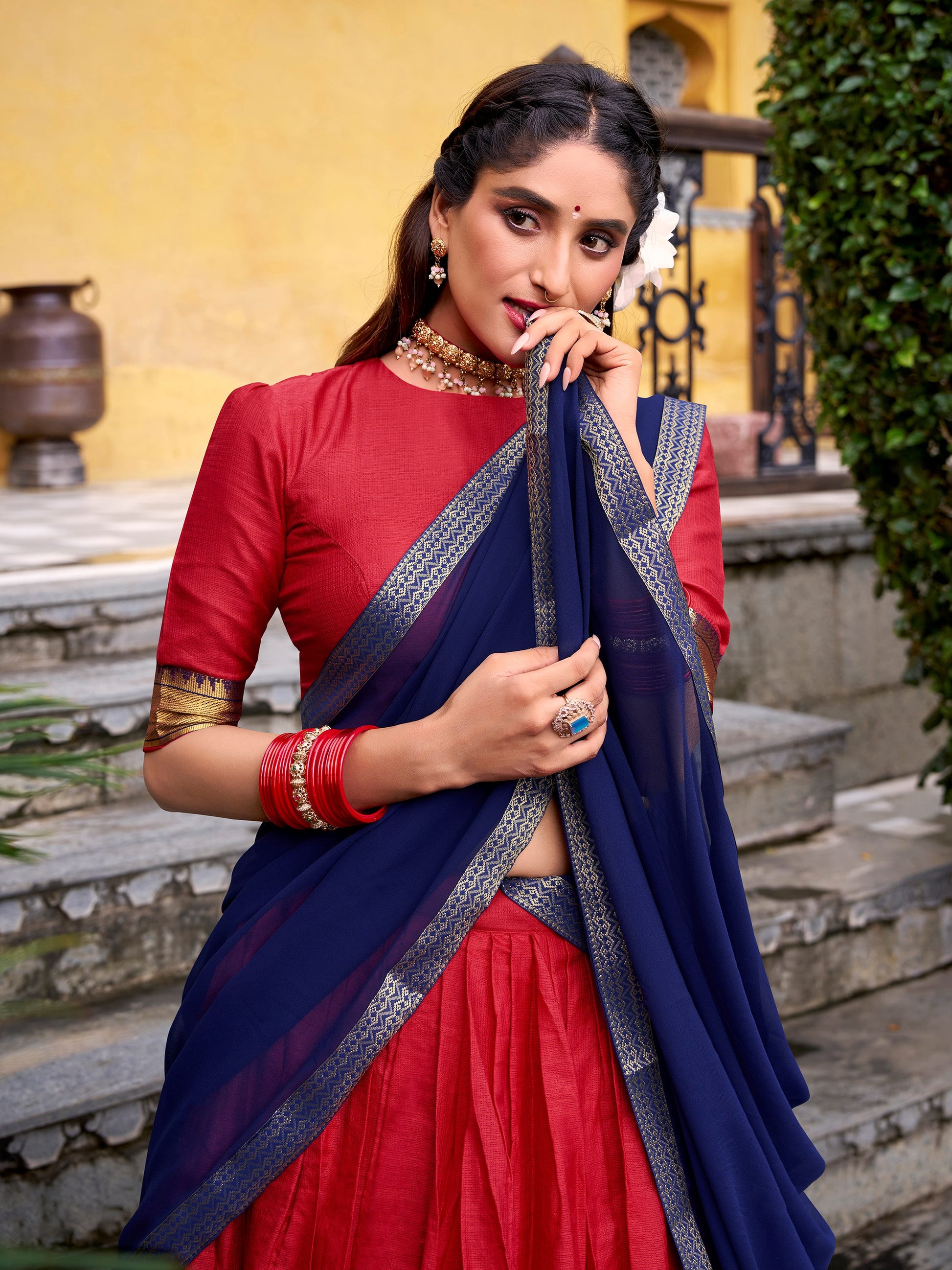 Stunning Red Zari Weaving Cotton Festive Wear Half Saree Lehenga