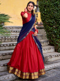 Stunning Red Zari Weaving Cotton Festive Wear Half Saree Lehenga