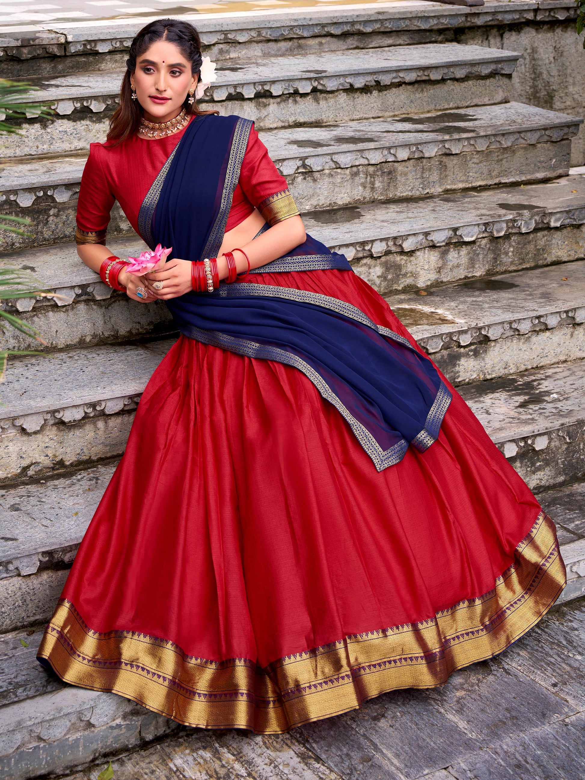Stunning Red Zari Weaving Cotton Festive Wear Half Saree Lehenga