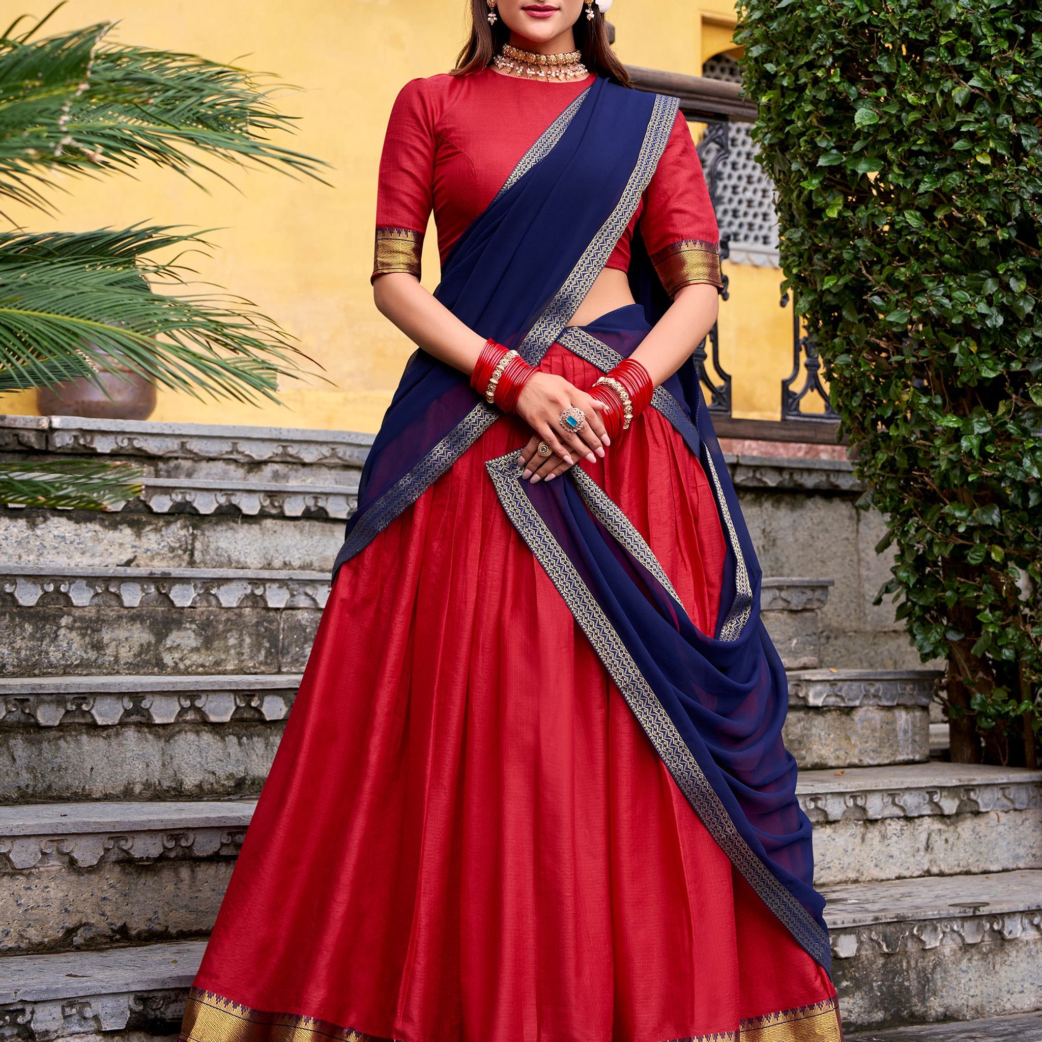 Stunning Red Zari Weaving Cotton Festive Wear Half Saree Lehenga