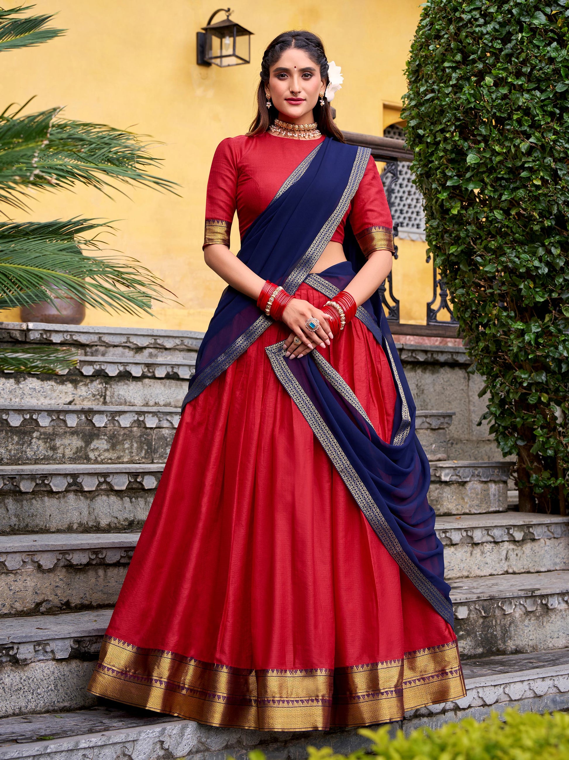 Stunning Red Zari Weaving Cotton Festive Wear Half Saree Lehenga