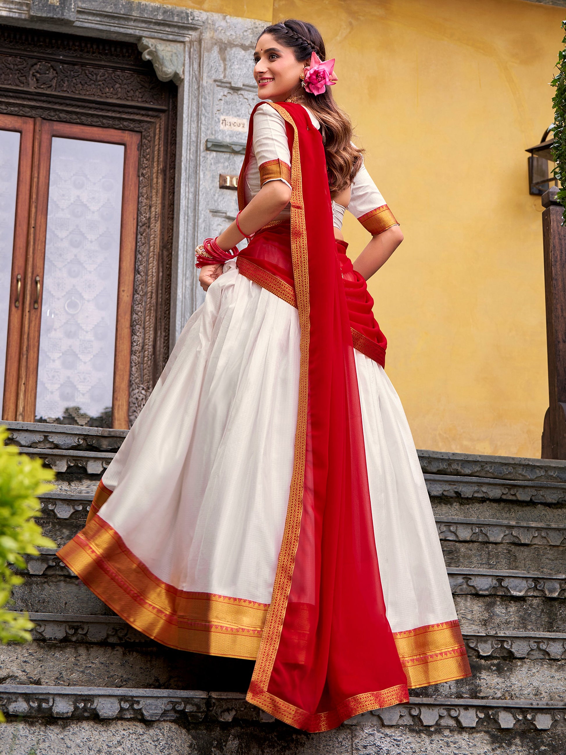 Outstanding White Zari Weaving Cotton Traditional Half Saree Lehenga