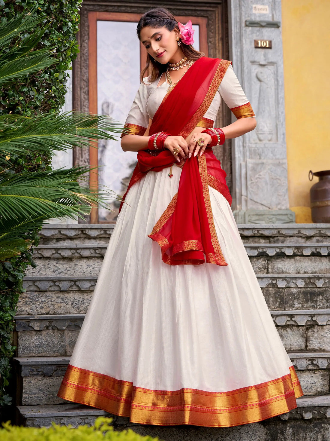 Outstanding White Zari Weaving Cotton Traditional Half Saree Lehenga