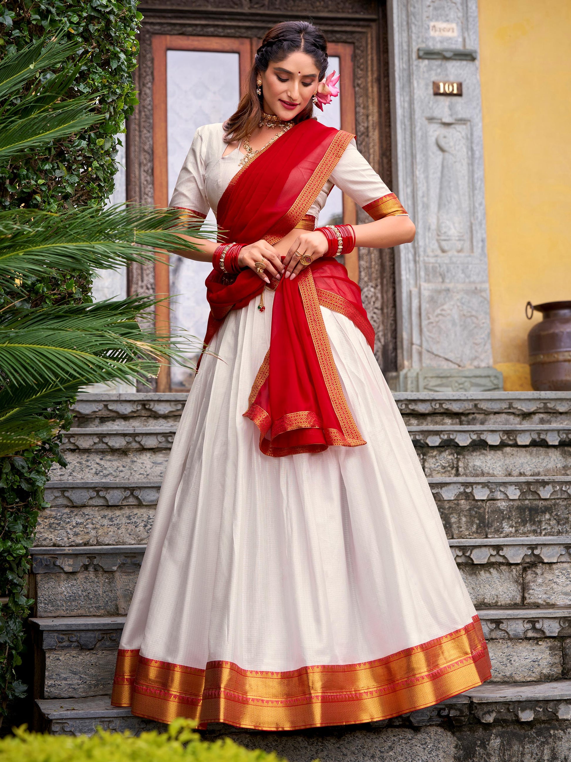 Outstanding White Zari Weaving Cotton Traditional Half Saree Lehenga