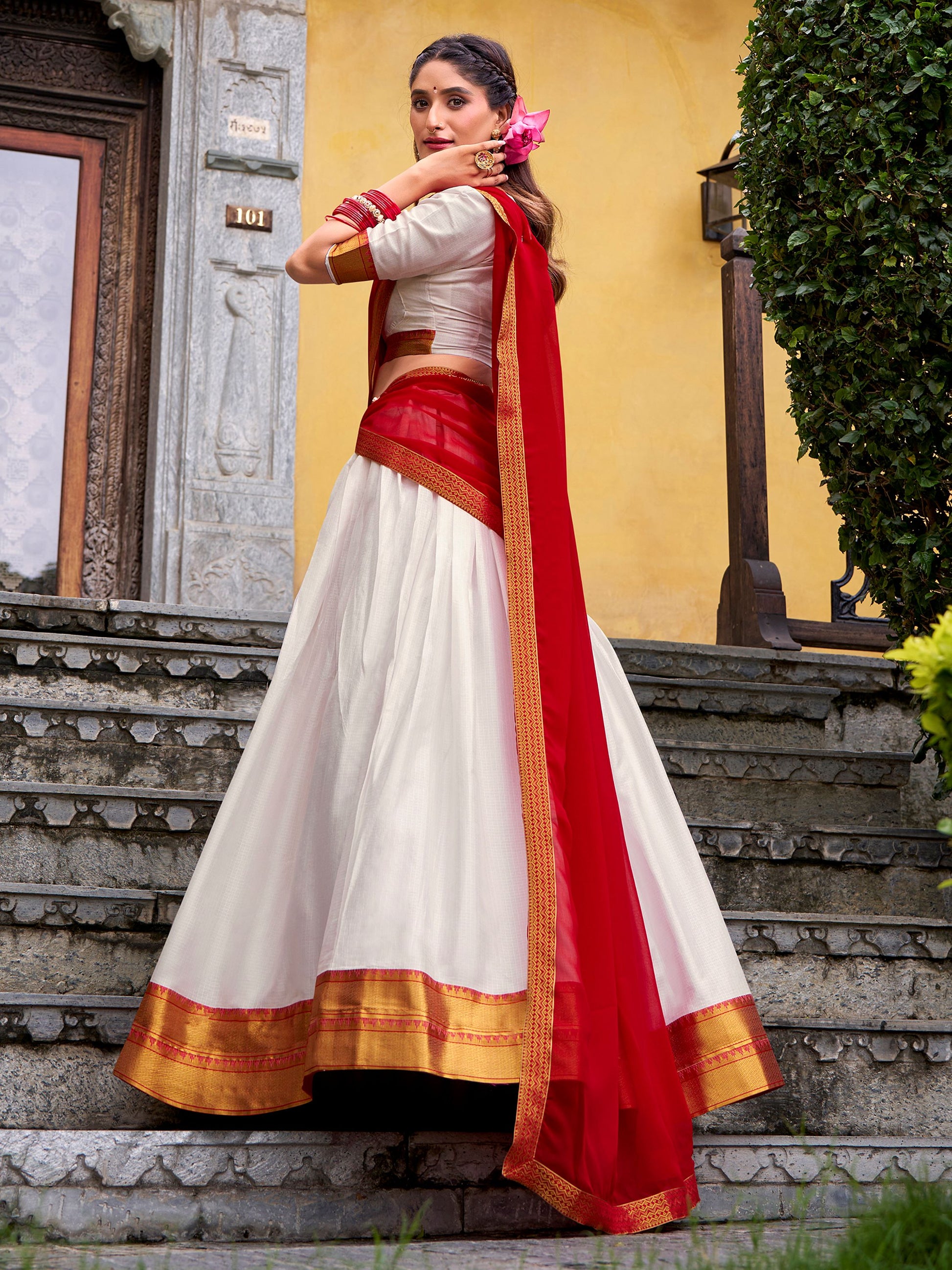 Outstanding White Zari Weaving Cotton Traditional Half Saree Lehenga