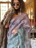 Classy Purple And Blue Zari Weaving Organza Event Wear Saree With Blouse