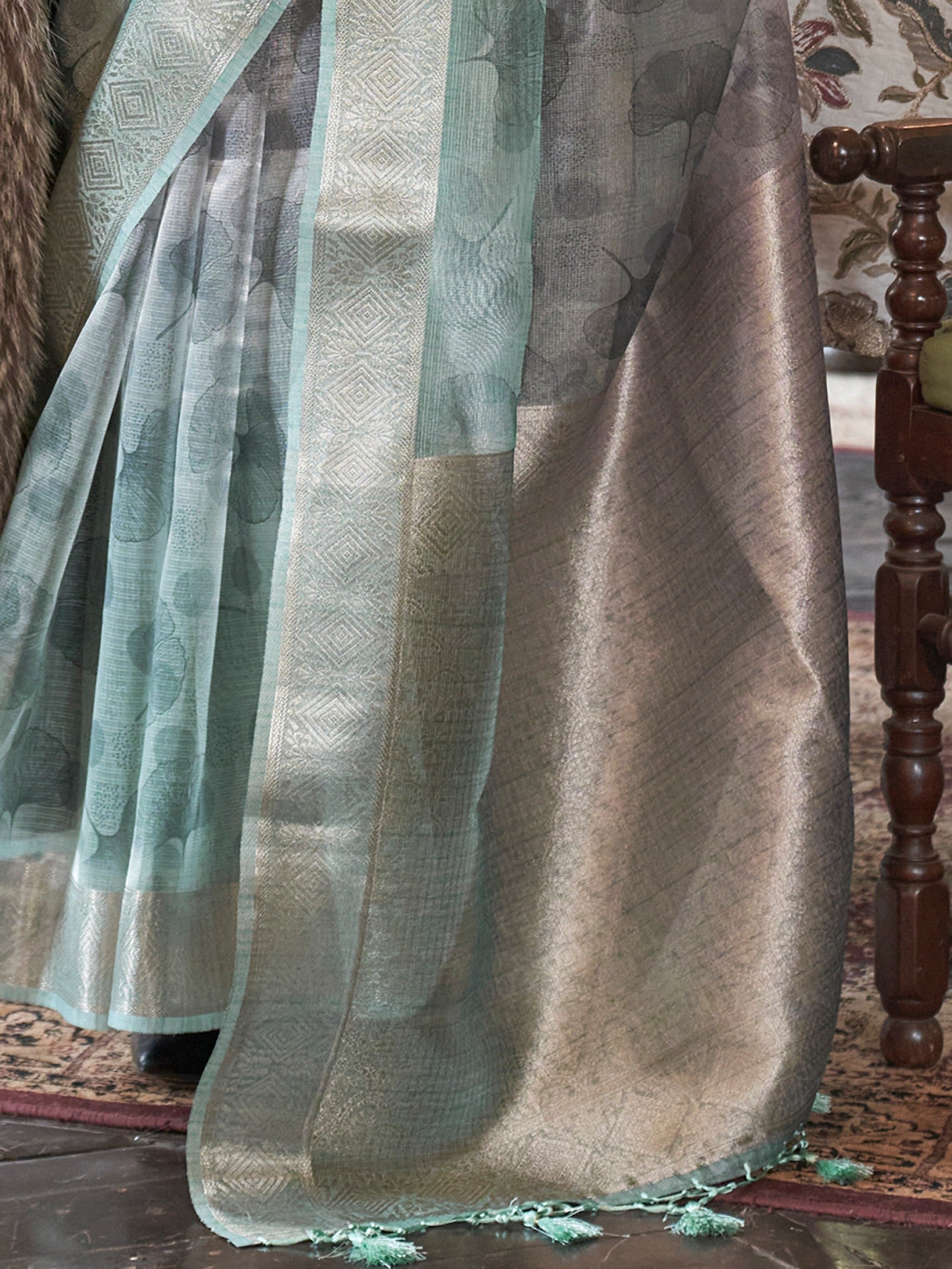 Classy Purple And Blue Zari Weaving Organza Event Wear Saree With Blouse