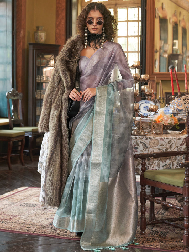 Classy Purple And Blue Zari Weaving Organza Event Wear Saree With Blouse