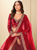 Attractive Red Embroidery Velvet Wedding Wear Lehenga Choli With Dupatta
