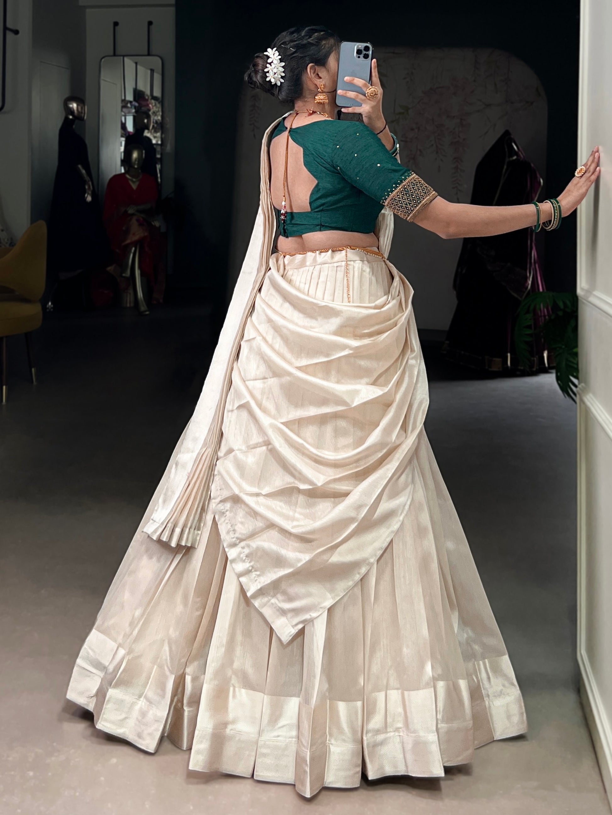 Beautiful White Border Work Silk Onam Special Half Saree Lehenga With Green Blouse