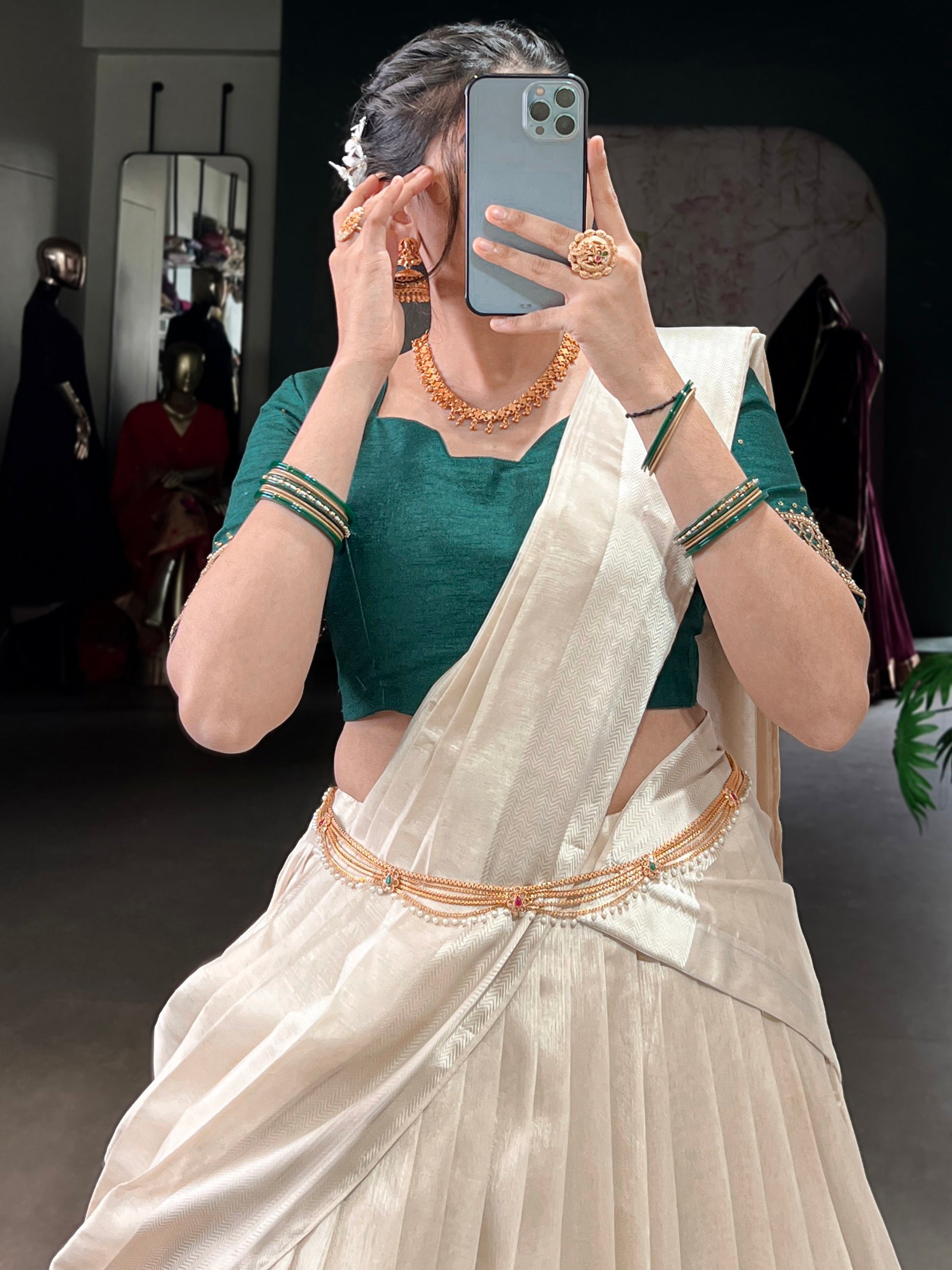 Beautiful White Border Work Silk Onam Special Half Saree Lehenga With Green Blouse