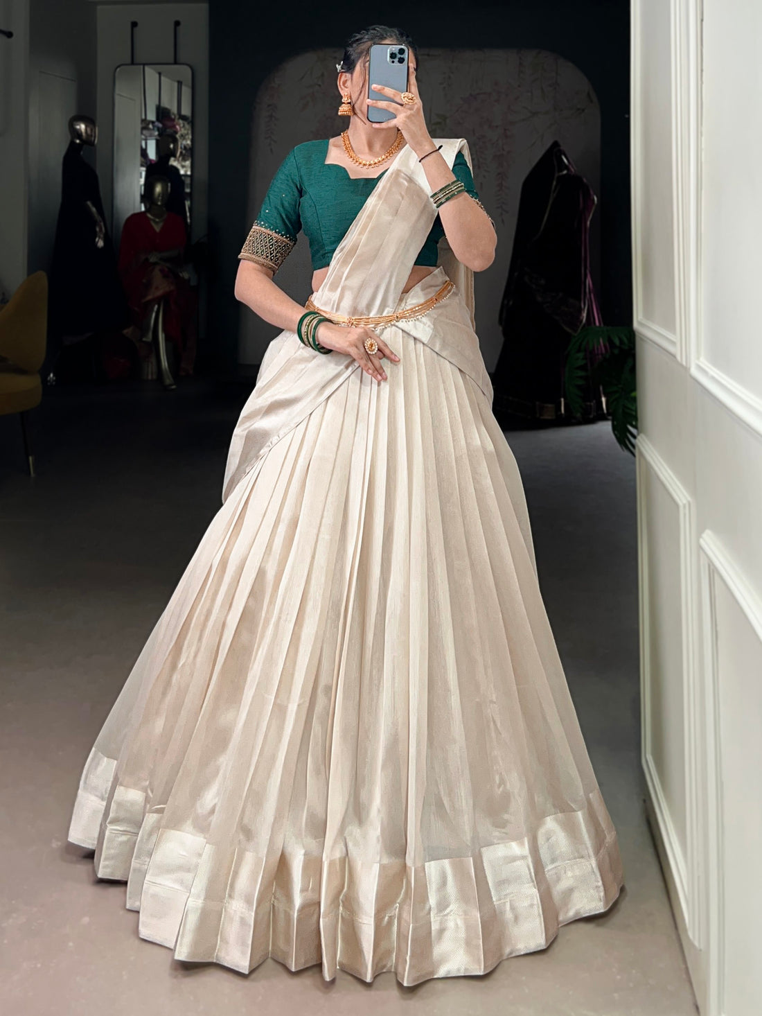 Beautiful White Border Work Silk Onam Special Half Saree Lehenga With Green Blouse