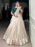 Beautiful White Border Work Silk Onam Special Half Saree Lehenga With Green Blouse