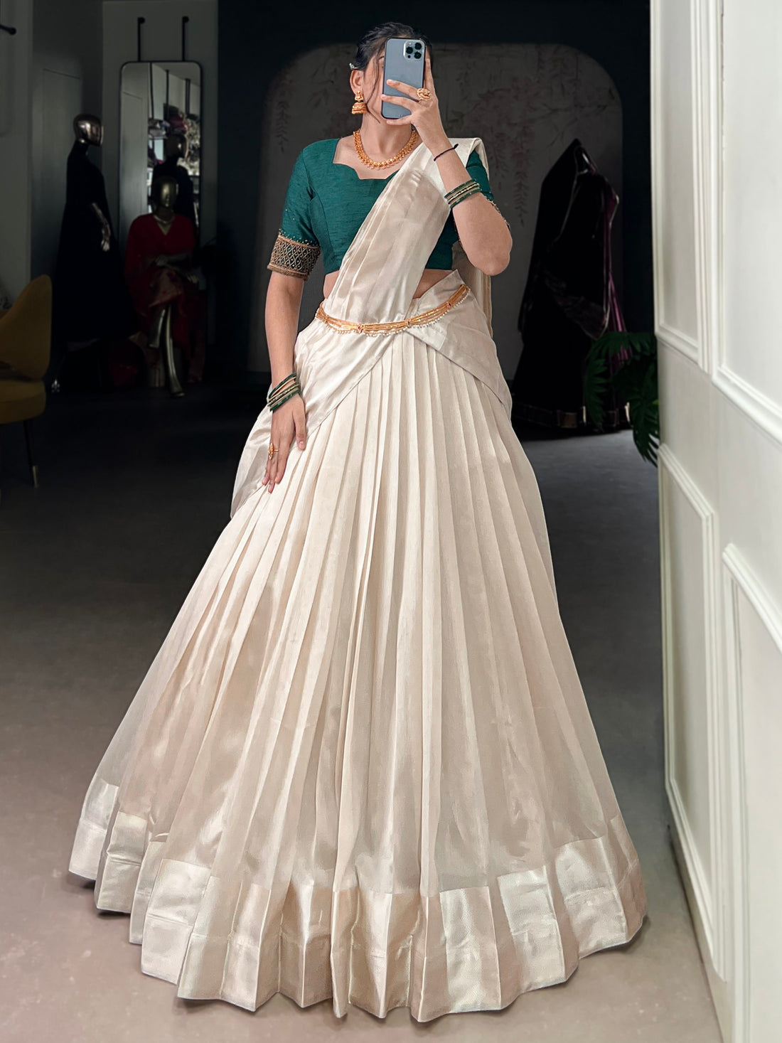 Beautiful White Border Work Silk Onam Special Half Saree Lehenga With Green Blouse