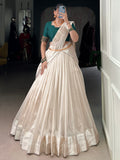 Beautiful White Border Work Silk Onam Special Half Saree Lehenga With Green Blouse