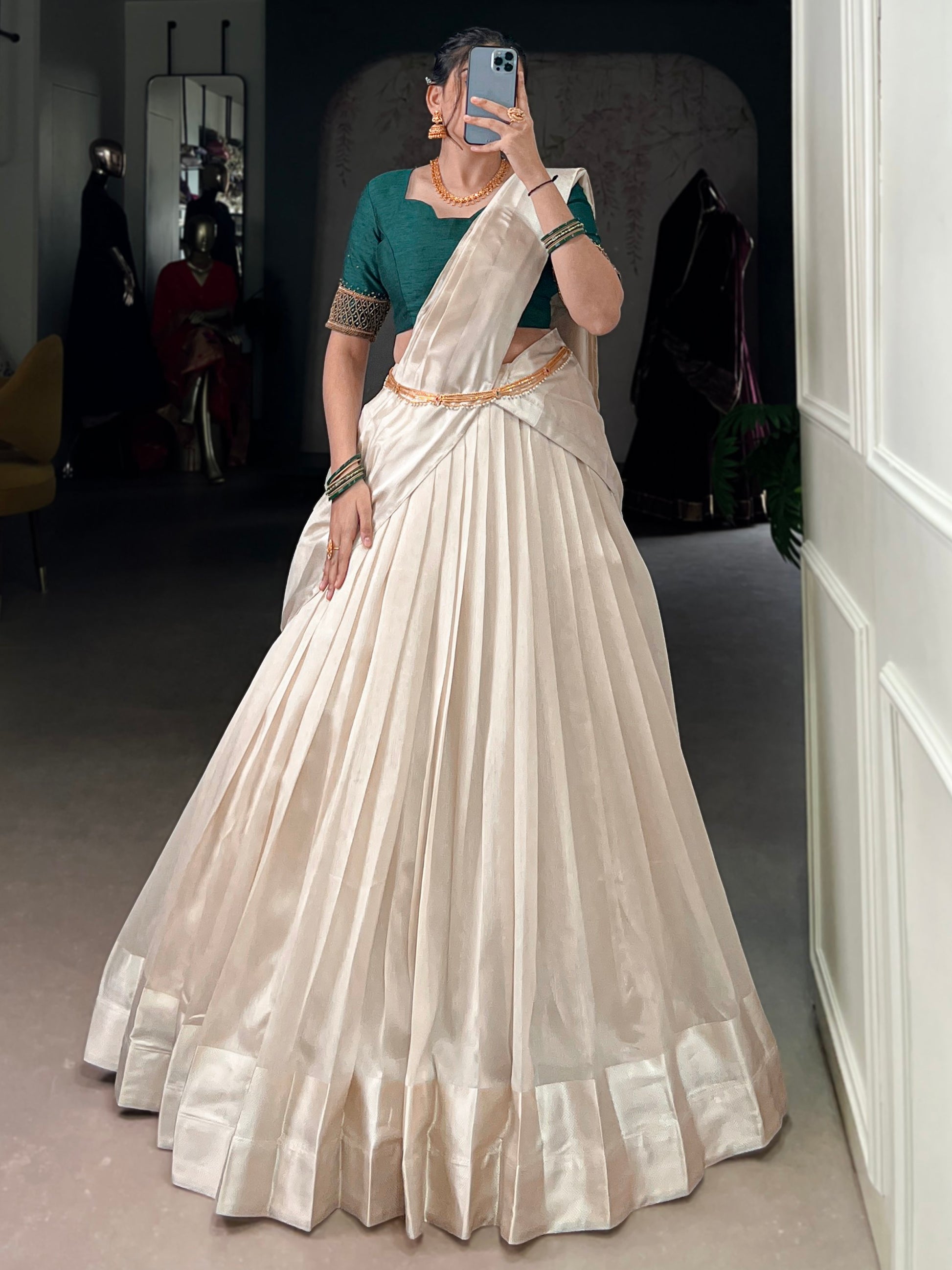 Beautiful White Border Work Silk Onam Special Half Saree Lehenga With Green Blouse