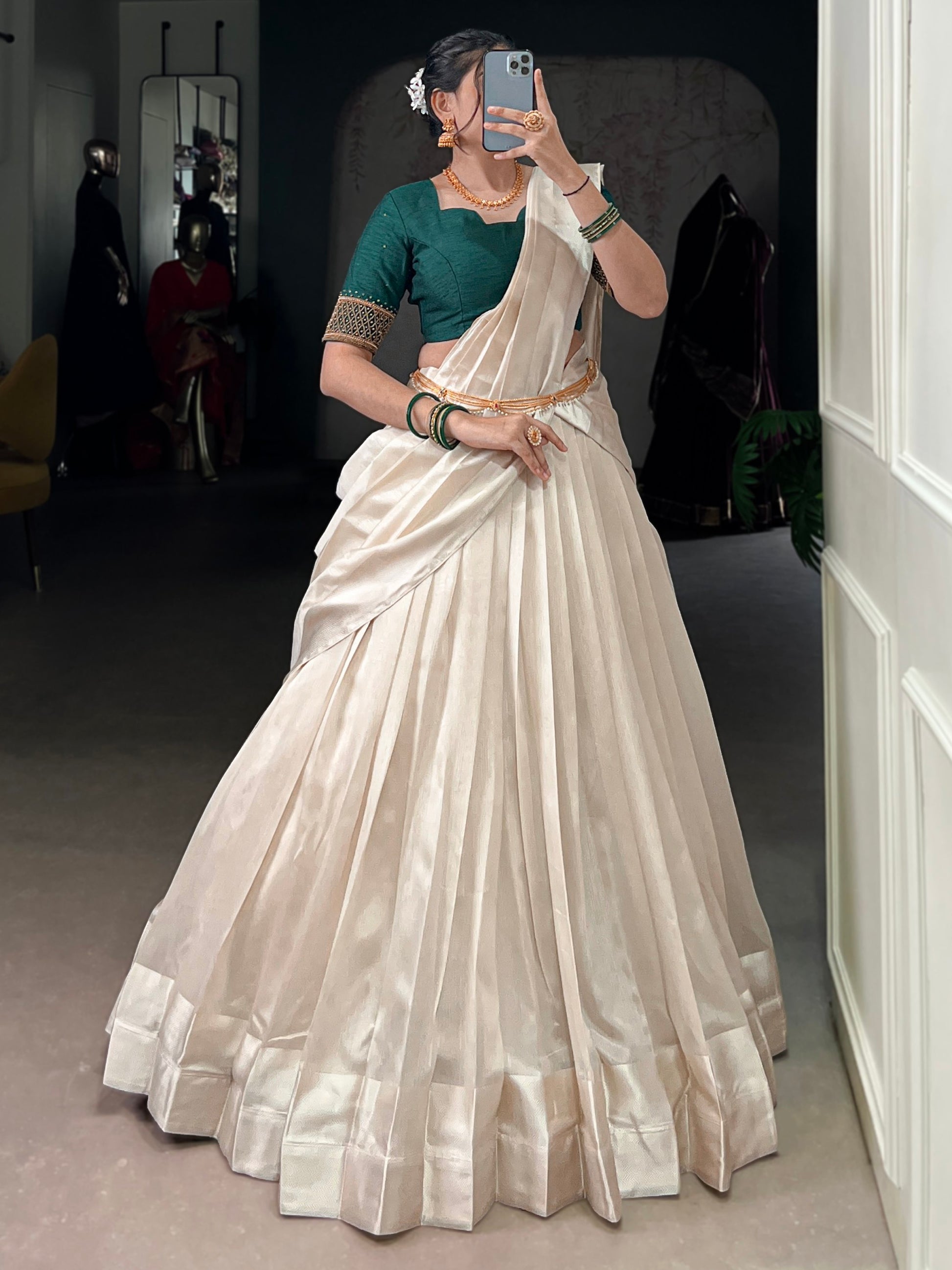 Beautiful White Border Work Silk Onam Special Half Saree Lehenga With Green Blouse