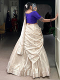 Excellent White Border Work Silk Onam Special Half Saree Lehenga With Blue Blouse