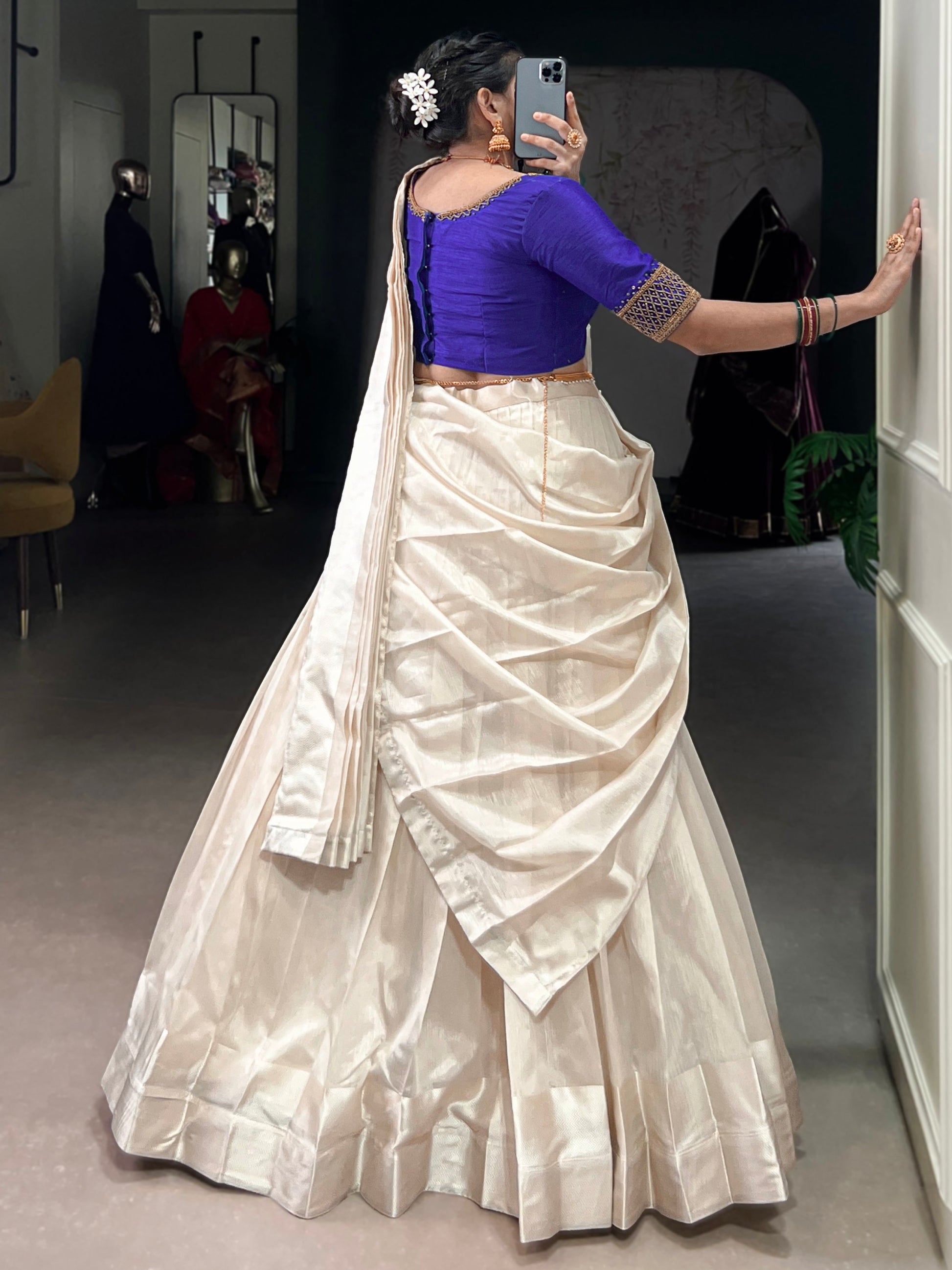 Excellent White Border Work Silk Onam Special Half Saree Lehenga With Blue Blouse