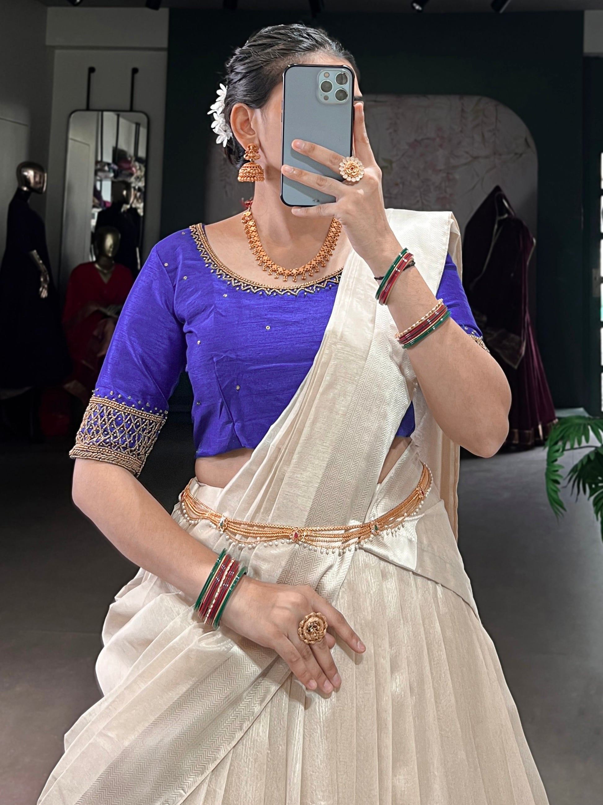 Excellent White Border Work Silk Onam Special Half Saree Lehenga With Blue Blouse
