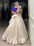 Excellent White Border Work Silk Onam Special Half Saree Lehenga With Blue Blouse