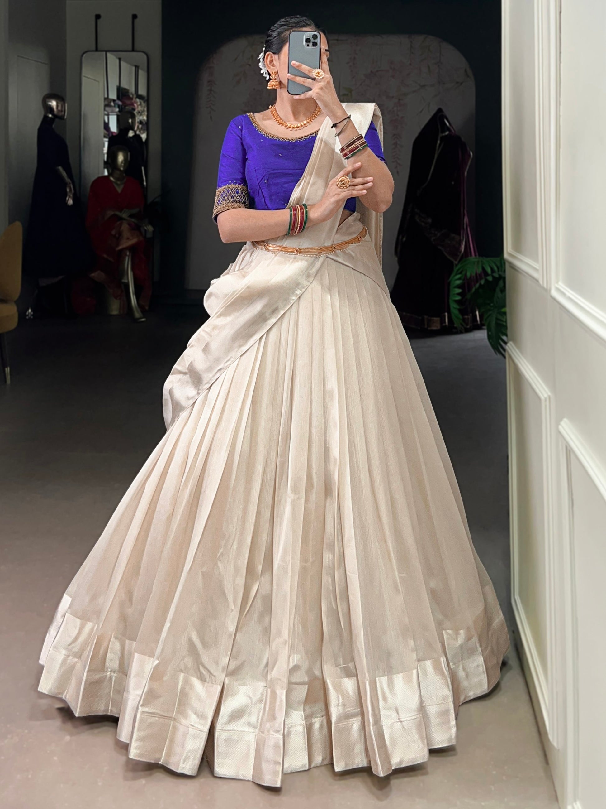 Excellent White Border Work Silk Onam Special Half Saree Lehenga With Blue Blouse