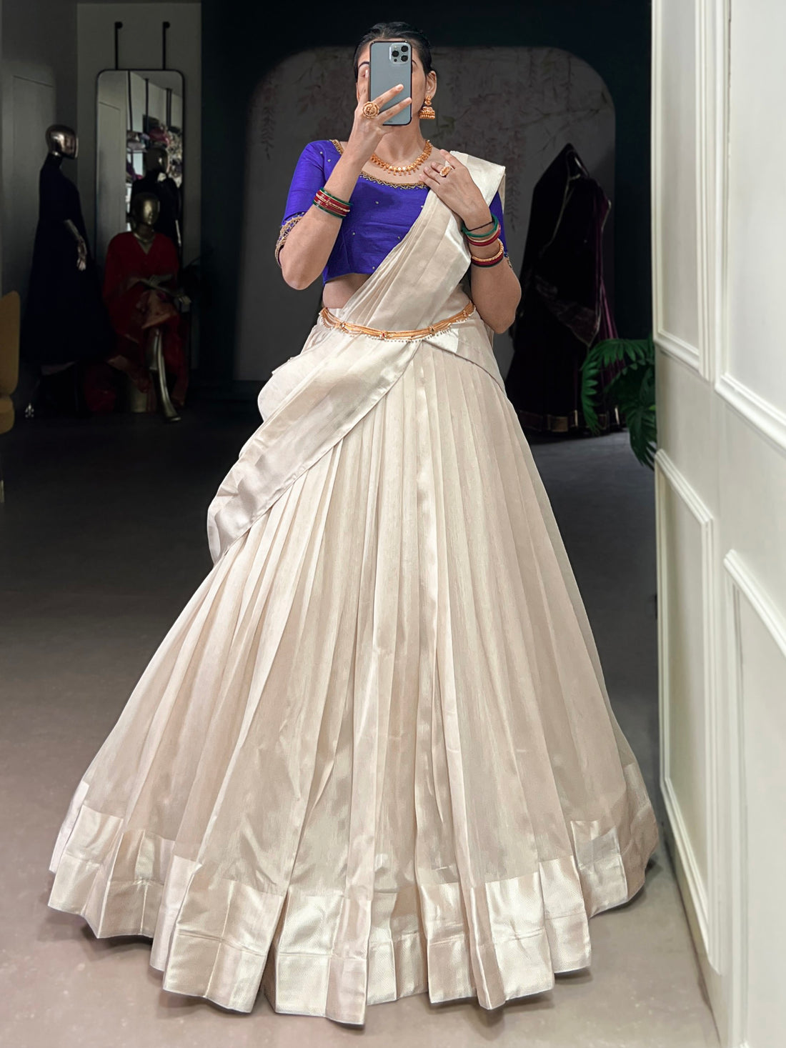Excellent White Border Work Silk Onam Special Half Saree Lehenga With Blue Blouse