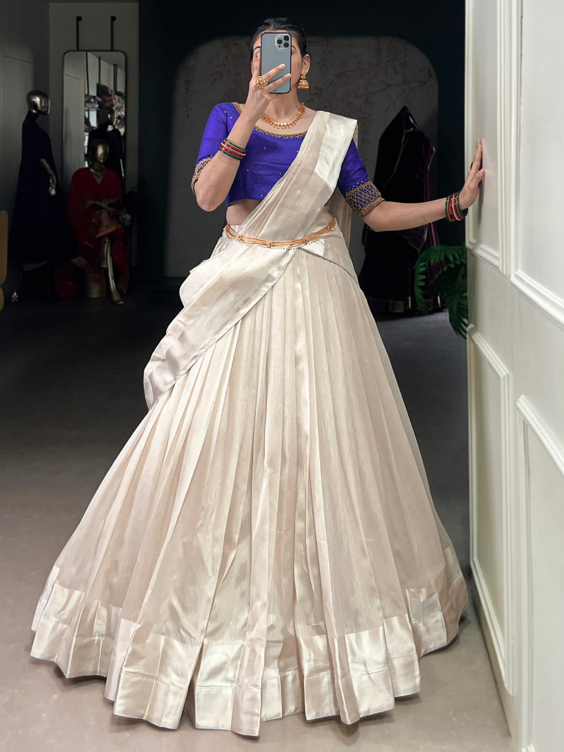 Excellent White Border Work Silk Onam Special Half Saree Lehenga With Blue Blouse