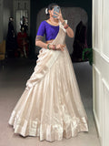 Excellent White Border Work Silk Onam Special Half Saree Lehenga With Blue Blouse