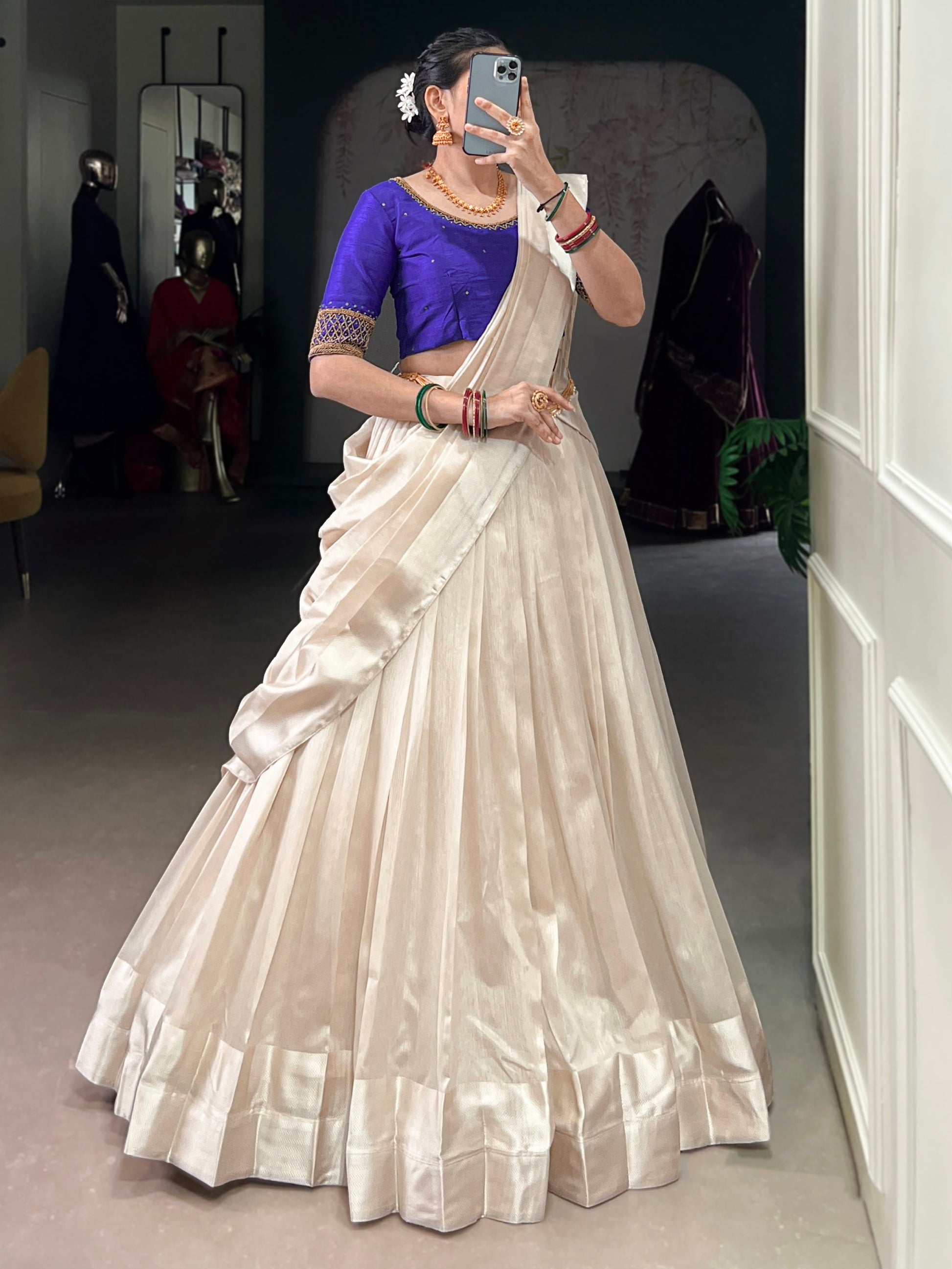 Excellent White Border Work Silk Onam Special Half Saree Lehenga With Blue Blouse