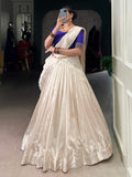 Excellent White Border Work Silk Onam Special Half Saree Lehenga With Blue Blouse