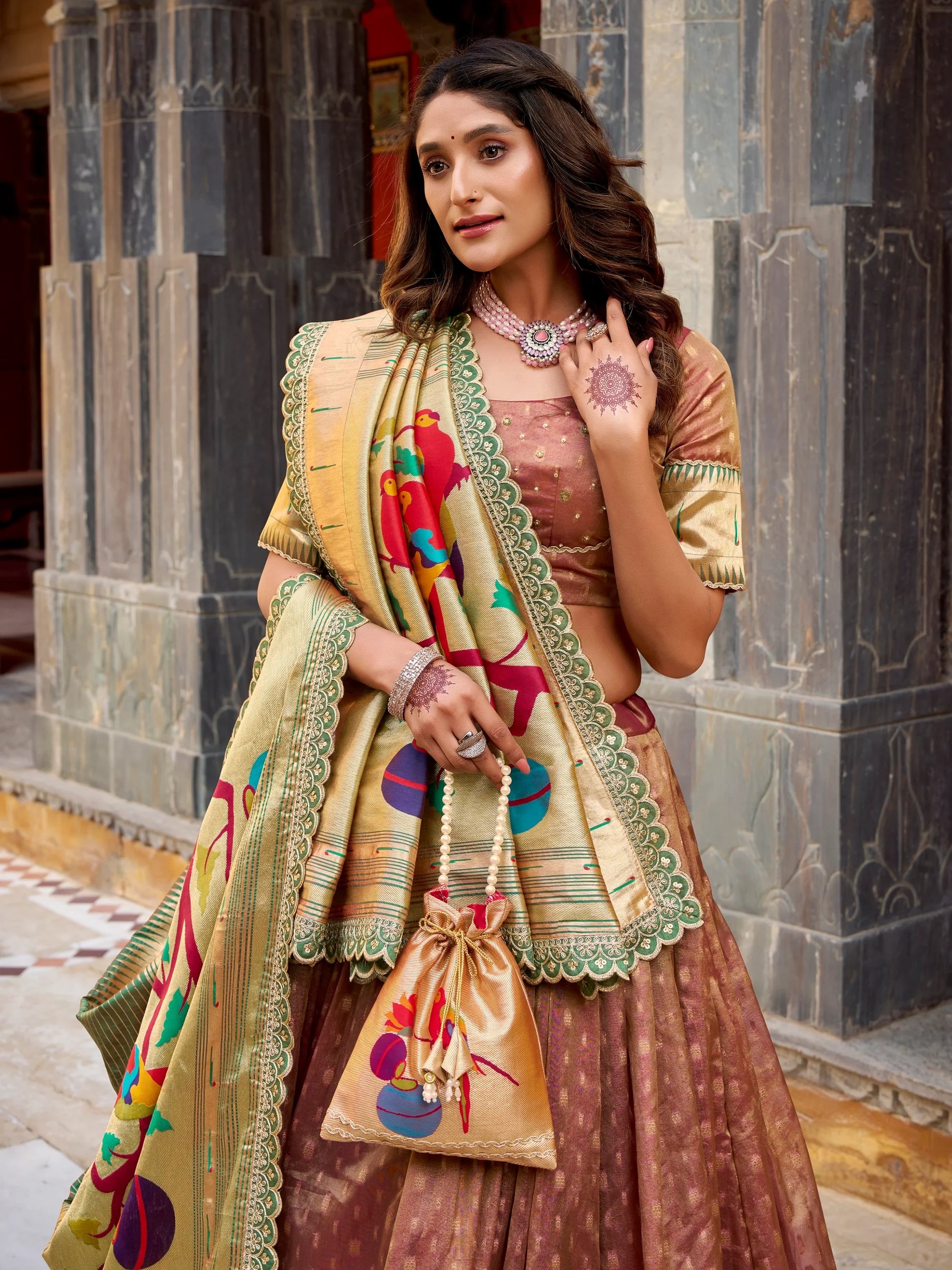 Gorgeous Brown Zari Weaving Silk Wedding Wear Lehenga Choli