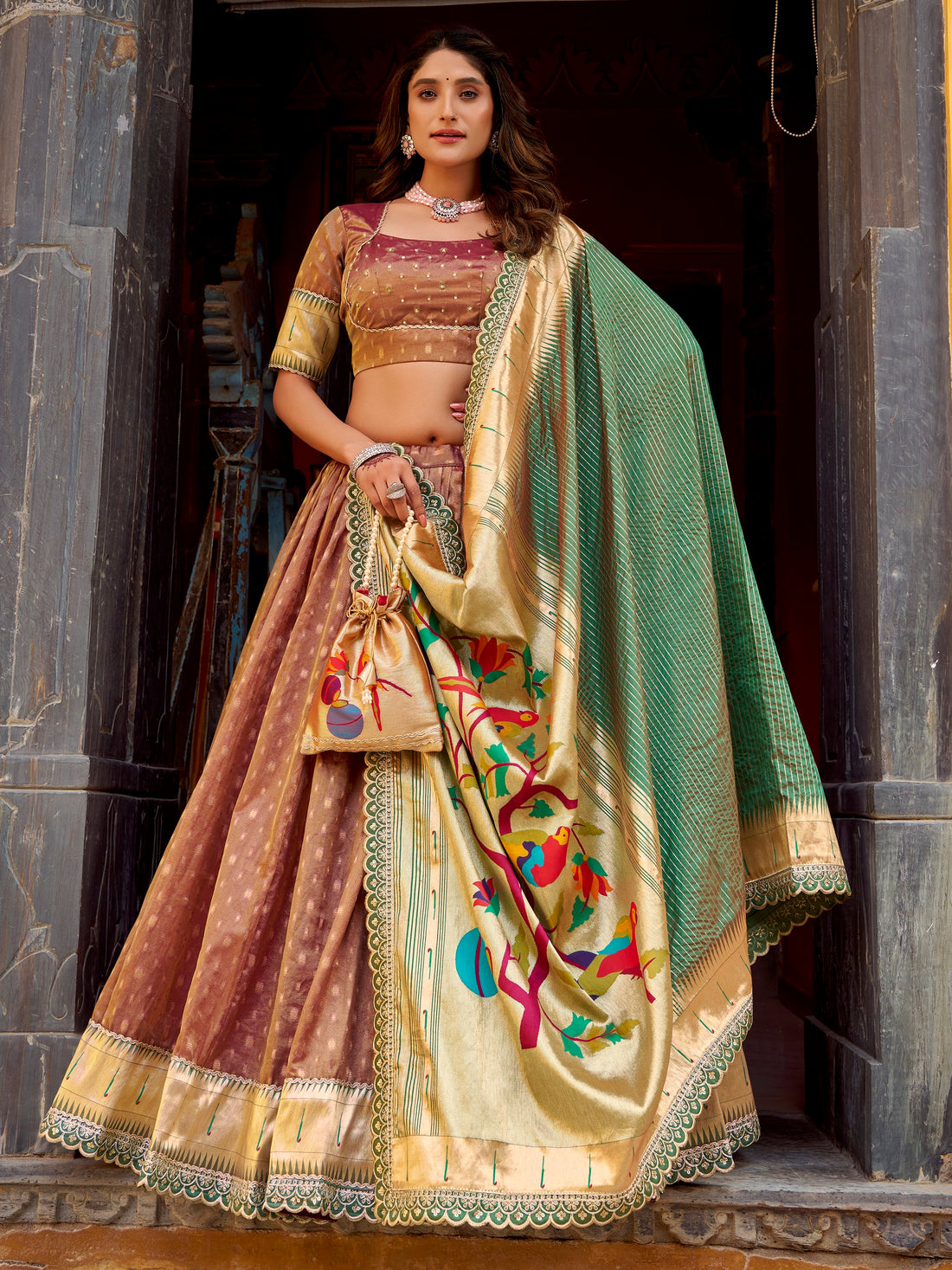 Gorgeous Brown Zari Weaving Silk Wedding Wear Lehenga Choli