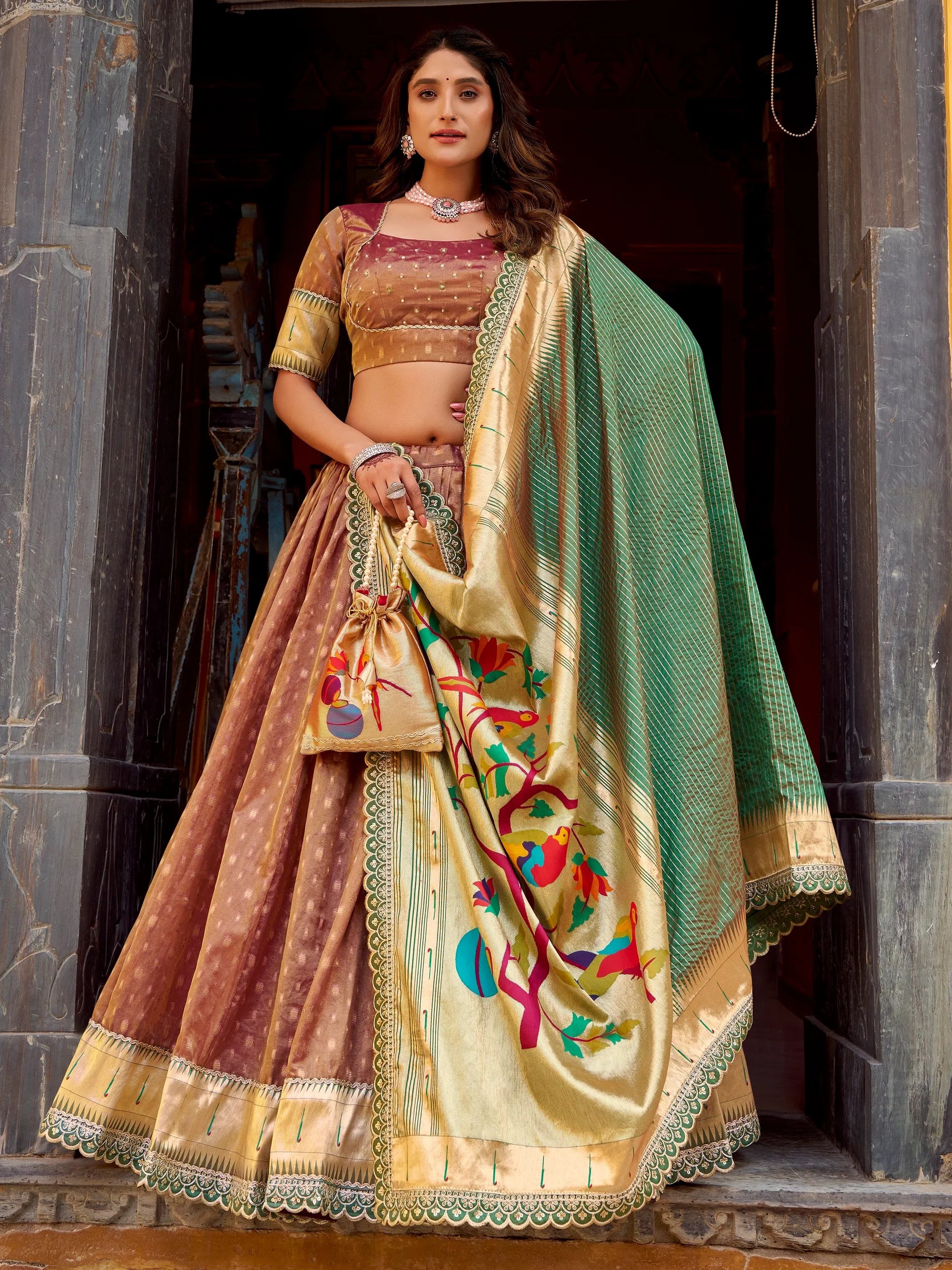 Gorgeous Brown Zari Weaving Silk Wedding Wear Lehenga Choli