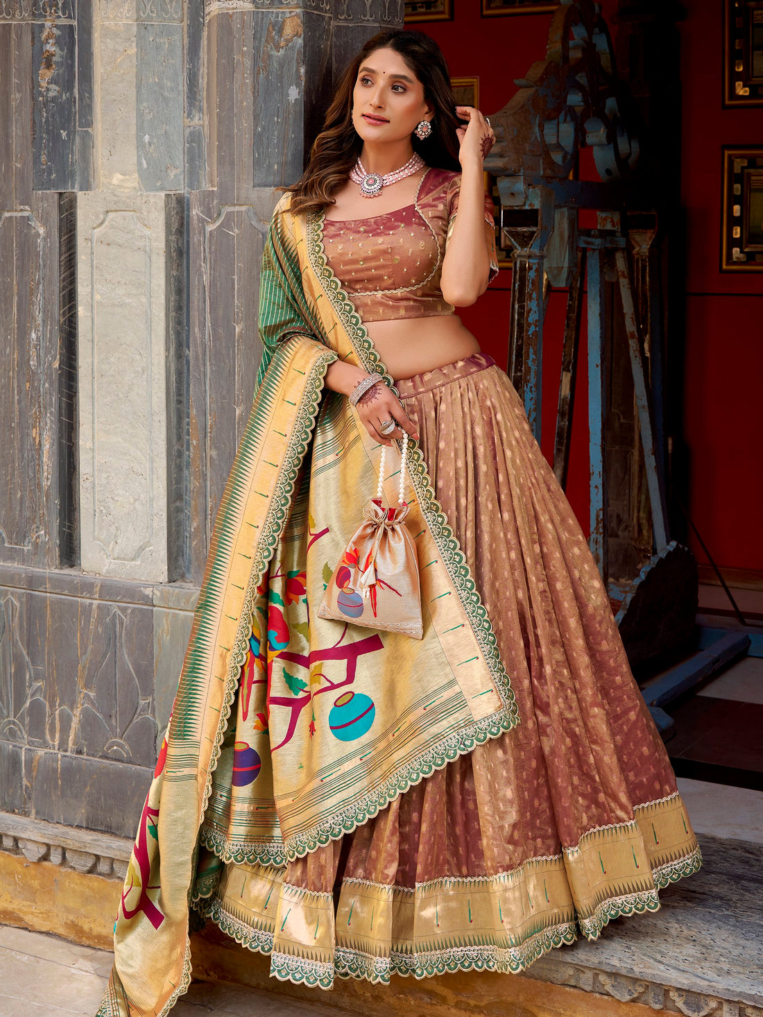 Gorgeous Brown Zari Weaving Silk Wedding Wear Lehenga Choli